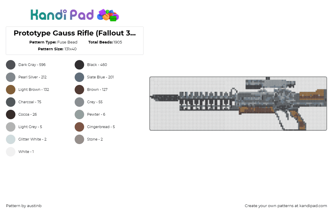 Prototype Gauss Rifle (Fallout 3) Higher Quality - Fuse Bead Pattern by austinb on Kandi Pad - prototype gauss,rifle,fallout,gun,weapon,video game,gray,brown