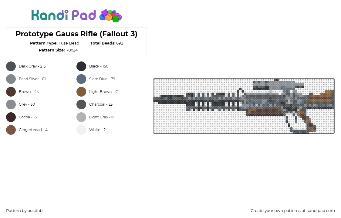 Prototype Gauss Rifle (Fallout 3) - Fuse Bead Pattern by austinb on Kandi Pad - prototype gauss,rifle,fallout,gun,weapon,video game,gray,brown