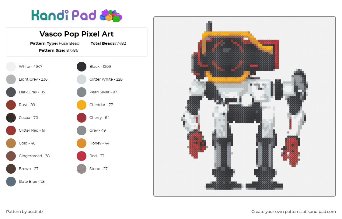 Vasco Pop Pixel Art - Fuse Bead Pattern by austinb on Kandi Pad - vasco,starfield,robot,character,video game,white,gold,red