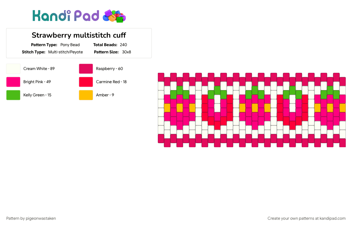 Strawberry multistitch cuff - Pony Bead Pattern by pigeonwastaken on Kandi Pad - cuff pattern, cuffs, fruit, pink, pink and white, red, red and white, strawberries, strawberry