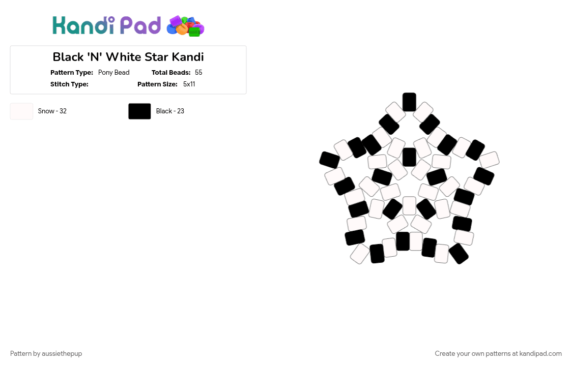 Black \'N\' White Star Kandi - Pony Bead Pattern by offcialvelvetthecone on Kandi Pad - black, peace, white