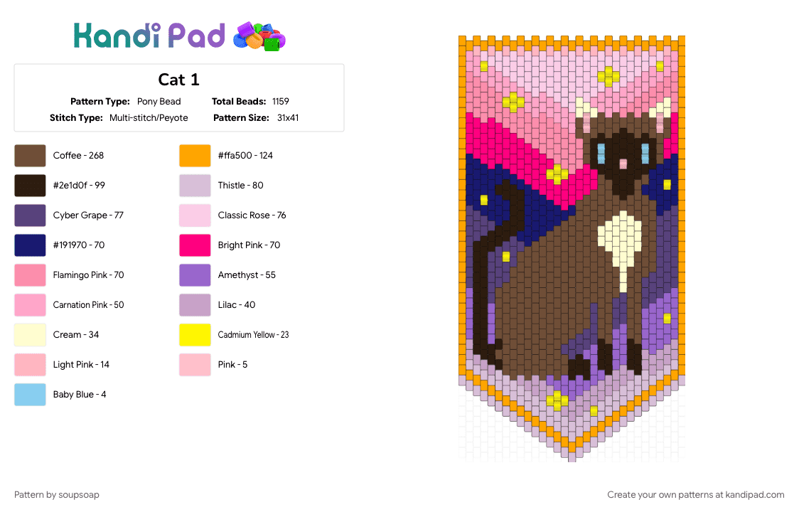Cat 1 - Pony Bead Pattern by soupsoap on Kandi Pad - brown, pink, purple