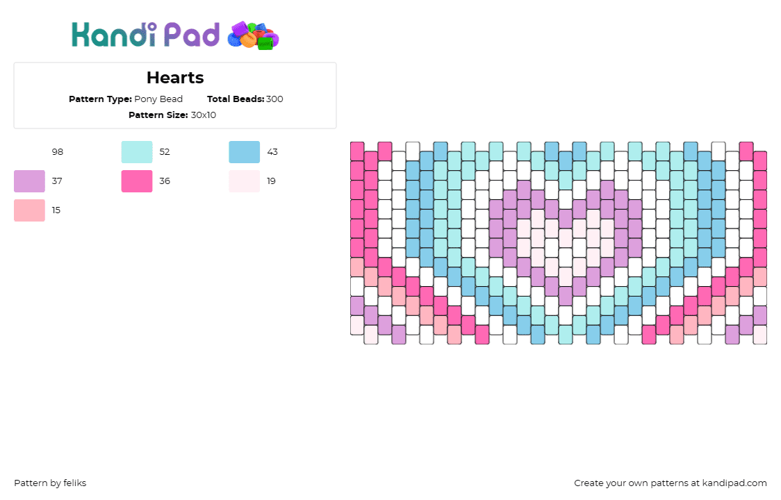 Hearts - Pony Bead Pattern by feliks on Kandi Pad - hearts,trippy,pastel,cuff,love,repeating,purple,teal,pink