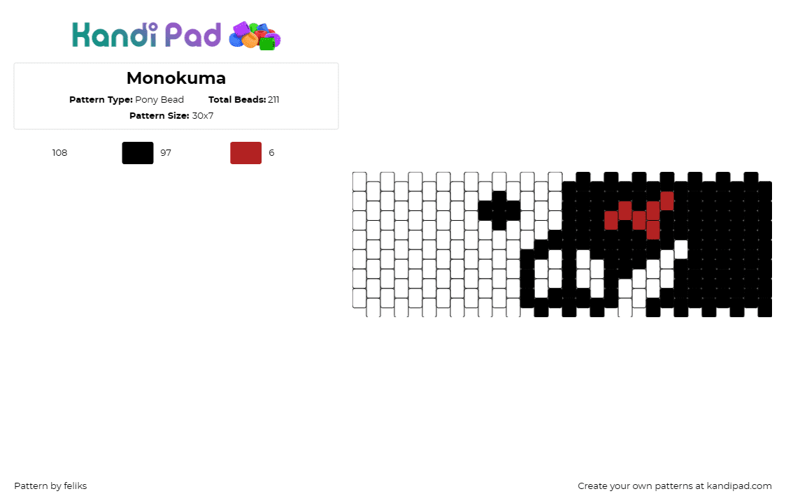 Monokuma - Pony Bead Pattern by feliks on Kandi Pad - monokuma,danganronpa,bear,teddy,cuff,yin yang,character,video game,black,white