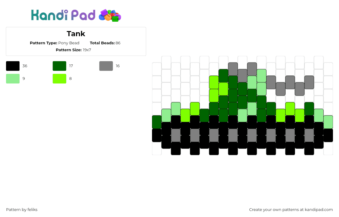 Tank - Pony Bead Pattern by feliks on Kandi Pad - tank,army,war,vehicle,tracks,weapon,black,green,gray