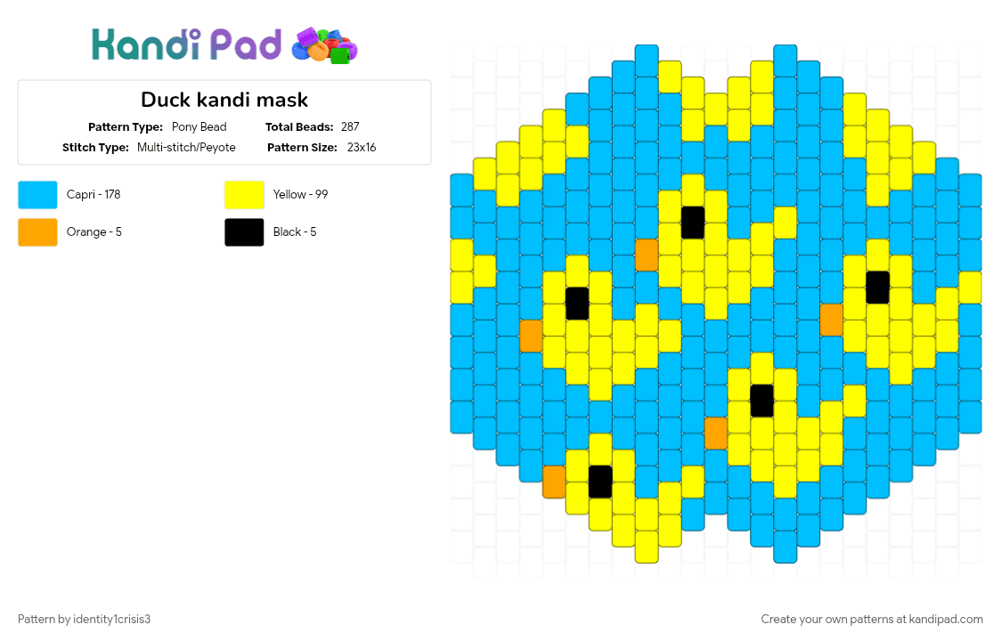 Duck kandi mask - Pony Bead Pattern by identity1crisis3 on Kandi Pad - animal, light blue, yellow