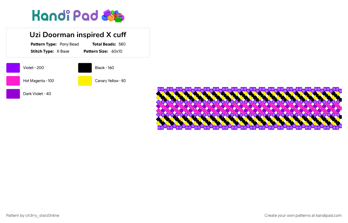 Uzi Doorman inspired X cuff - Pony Bead Pattern by ch3rry_starz0nline on Kandi Pad - black, murder drones, pink, purple, uzi, uzi doorman, x base, yellow