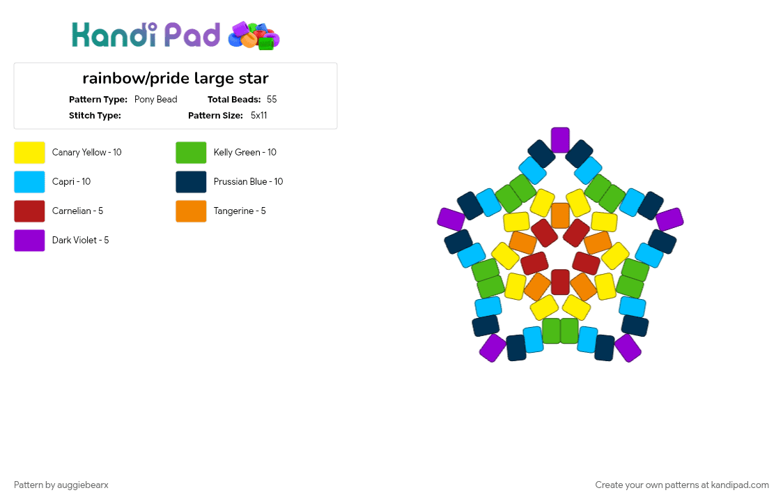 rainbow/pride large star - Pony Bead Pattern by auggiebearx on Kandi Pad - accessory, blue, flag, green, im to lazy to put more tags, light blue, pride, rainbow, yellow