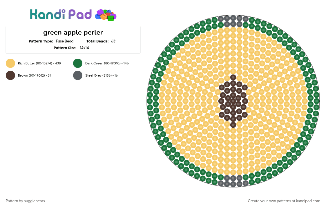 green apple perler - Fuse Bead Pattern by auggiebearx on Kandi Pad - apple, brown, eat, food, fruit, green, seeds, tan, yellow