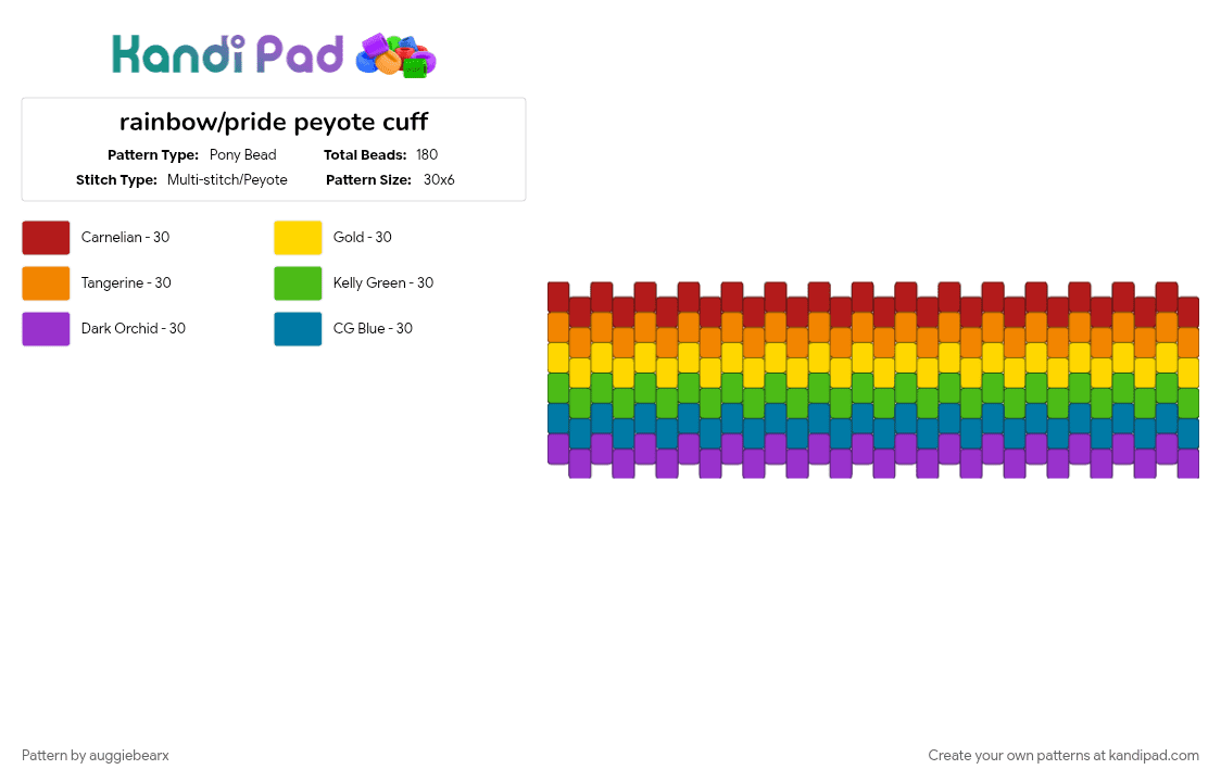 rainbow/pride peyote cuff - Pony Bead Pattern by auggiebearx on Kandi Pad - blue, bracelet, colorful, cute, green, love, peace, pride, rainbow, stripes, yellow