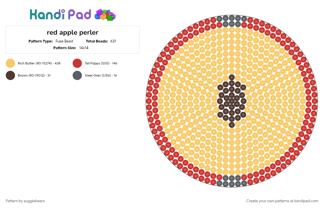 red apple perler - Fuse Bead Pattern by auggiebearx on Kandi Pad - apple, colorful, eat, food, fruit, red, seeds, tan, yellow