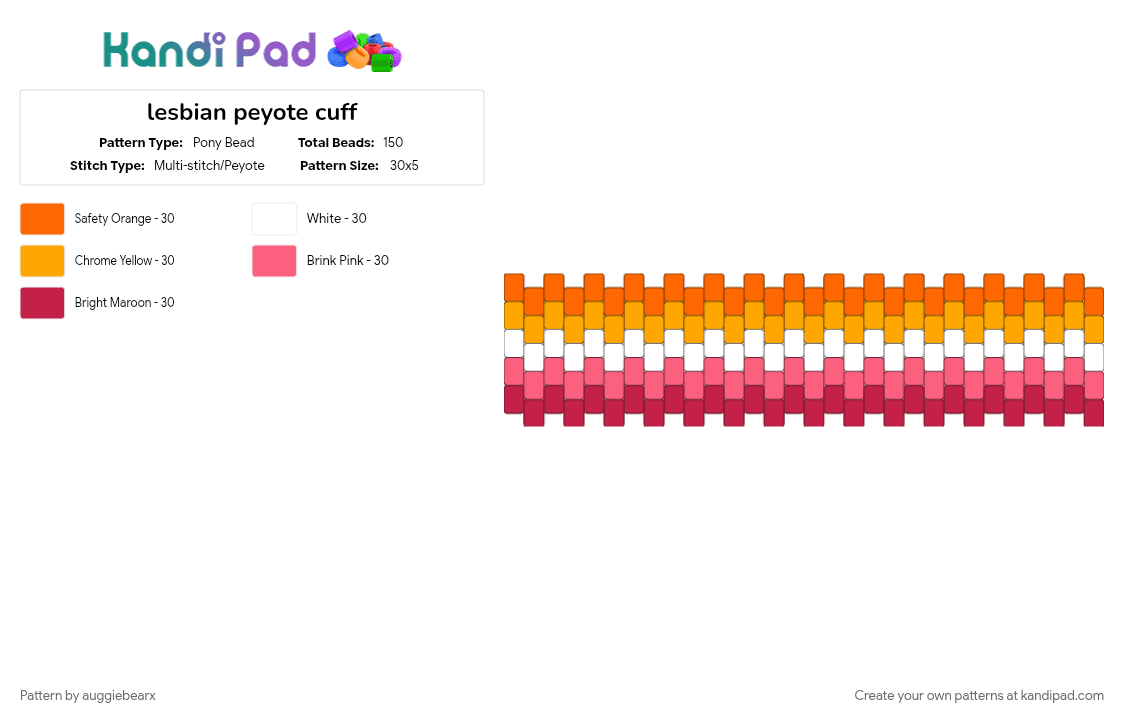 lesbian peyote cuff - Pony Bead Pattern by auggiebearx on Kandi Pad - cuff, flag, lesbian, love, orange, pink, pride, red, white