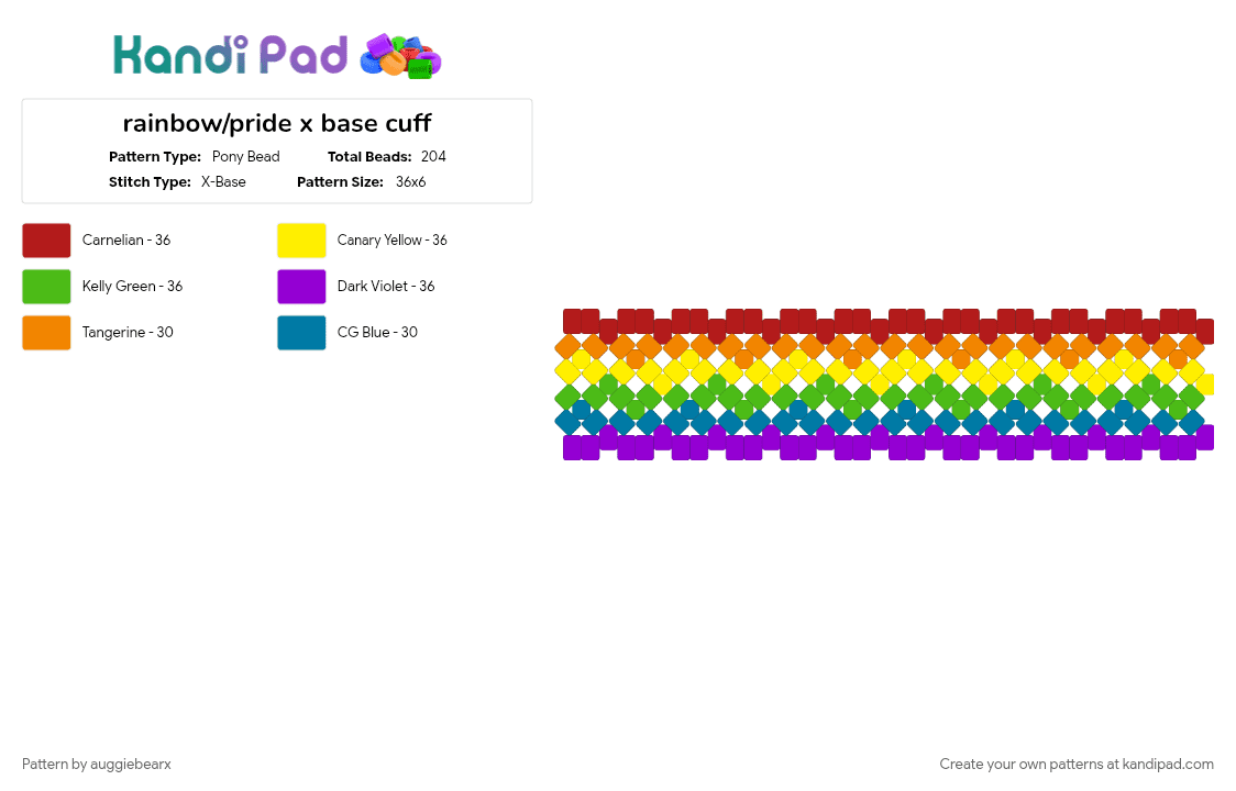 rainbow/pride x base cuff - Pony Bead Pattern by auggiebearx on Kandi Pad - colorful, easy for beginners, flag, green, love, pride, purple, rainbow, red, simple cuff, x base cuff, yellow