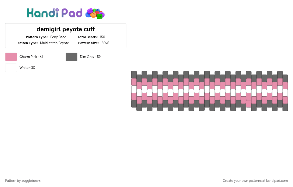 demigirl peyote cuff - Pony Bead Pattern by auggiebearx on Kandi Pad - bracelet, demigirl, flag, gray, pink, pride, queer, white