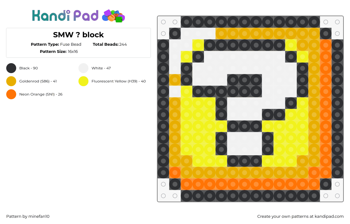 SMW ? block - Fuse Bead Pattern by minefan10 on Kandi Pad - question mark,block,mario,nintendo,video game,yellow,orange,white,gold