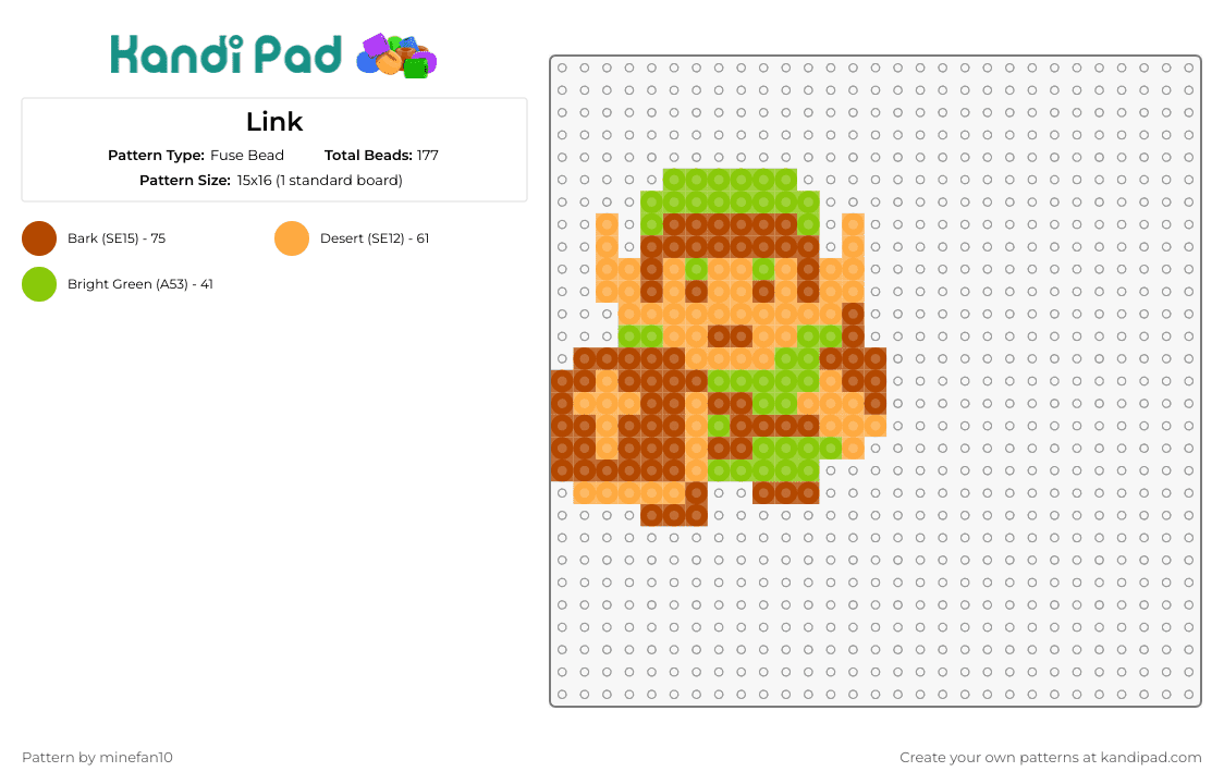 Link - Fuse Bead Pattern by minefan10 on Kandi Pad - link,legend of zelda,character,video game,classic,8bit,nostalgia,adventure,green,tan,orange