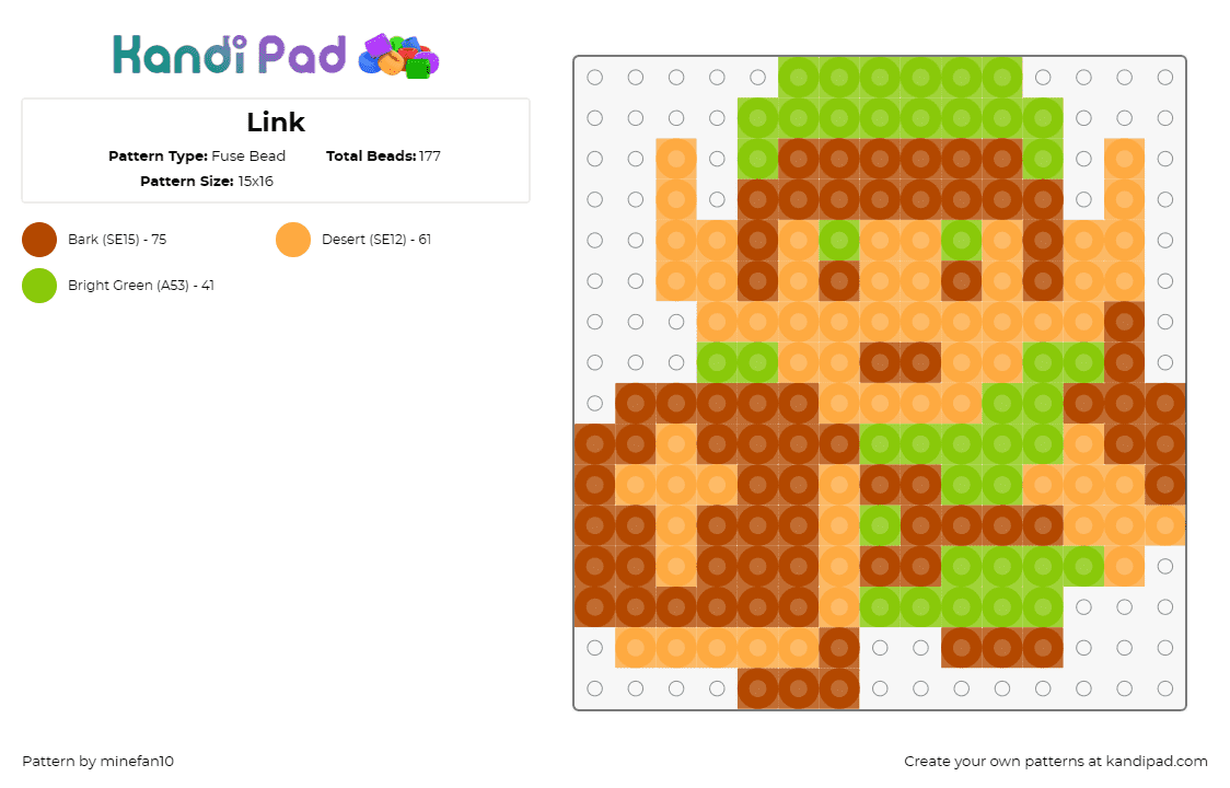 Link - Fuse Bead Pattern by minefan10 on Kandi Pad - link,legend of zelda,character,video game,classic,8bit,nostalgia,adventure,green