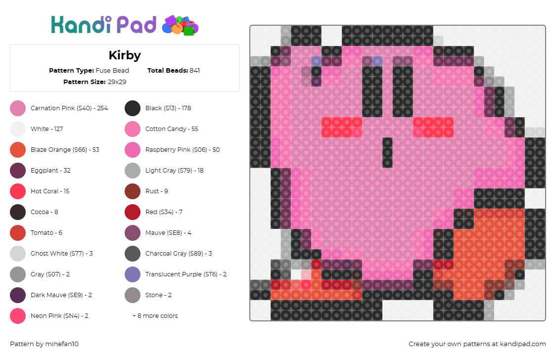 Kirby - Fuse Bead Pattern by minefan10 on Kandi Pad - kirby,nintendo,character,cute,video game,pink,red