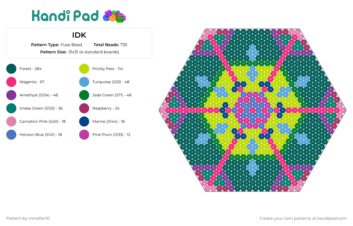 IDK - Fuse Bead Pattern by minefan10 on Kandi Pad - web,geometric,hexagon,colorful,bright,neon,pink,green