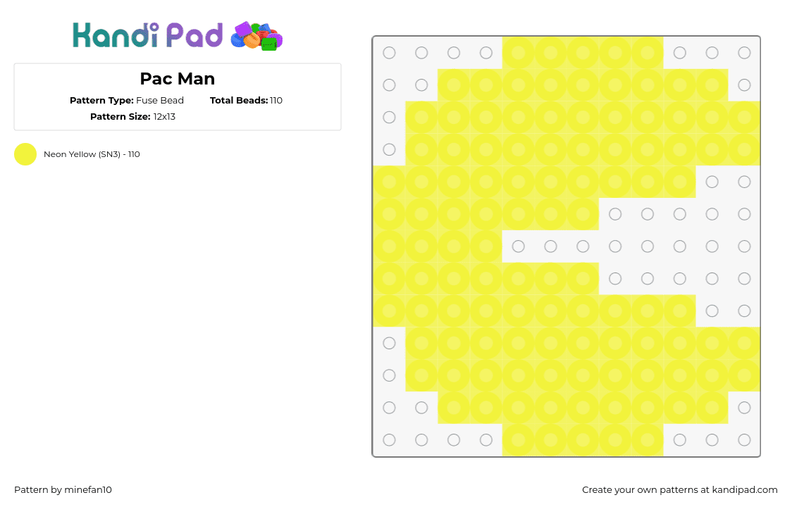 Pac Man - Fuse Bead Pattern by minefan10 on Kandi Pad - pacman,arcade,character,retro,video game,namco,simple,yellow