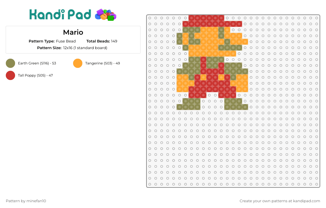 Mario - Fuse Bead Pattern by minefan10 on Kandi Pad - mario,nintendo,character,video game,classic,retro,nostalgia,red,tan