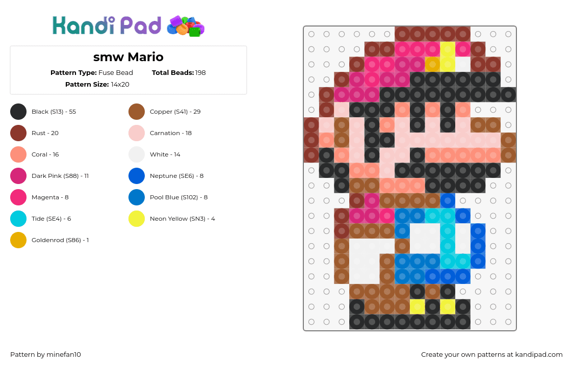 smw Mario - Fuse Bead Pattern by minefan10 on Kandi Pad - mario,nintendo,character,video game,blue,red,pink