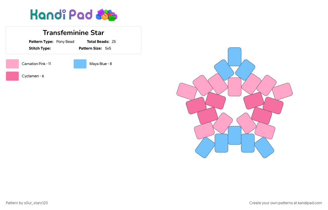 Transfeminine Star - Pony Bead Pattern by s0ur_starz120 on Kandi Pad - lgbtq, lgbtqia, light blue, pink, queer, star, trans, transfem, transfeminine, transgender