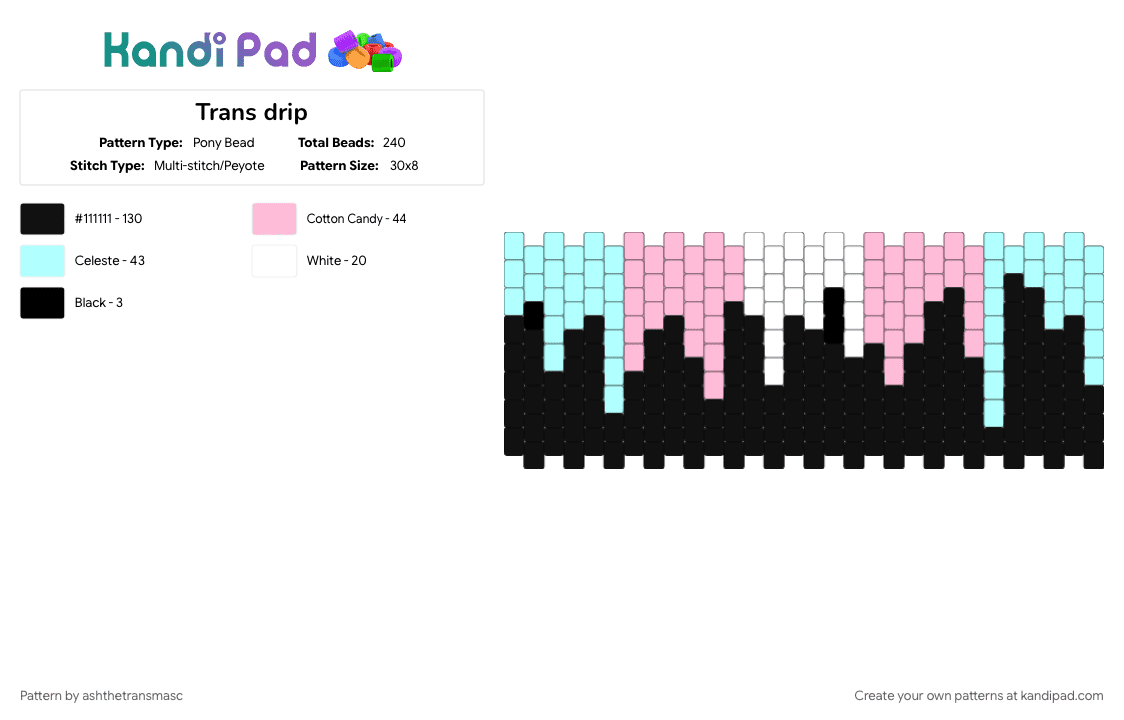 Trans drip - Pony Bead Pattern by ashthetransmasc on Kandi Pad - black, light blue, pink, pride, pride cuff, pride flag, trans