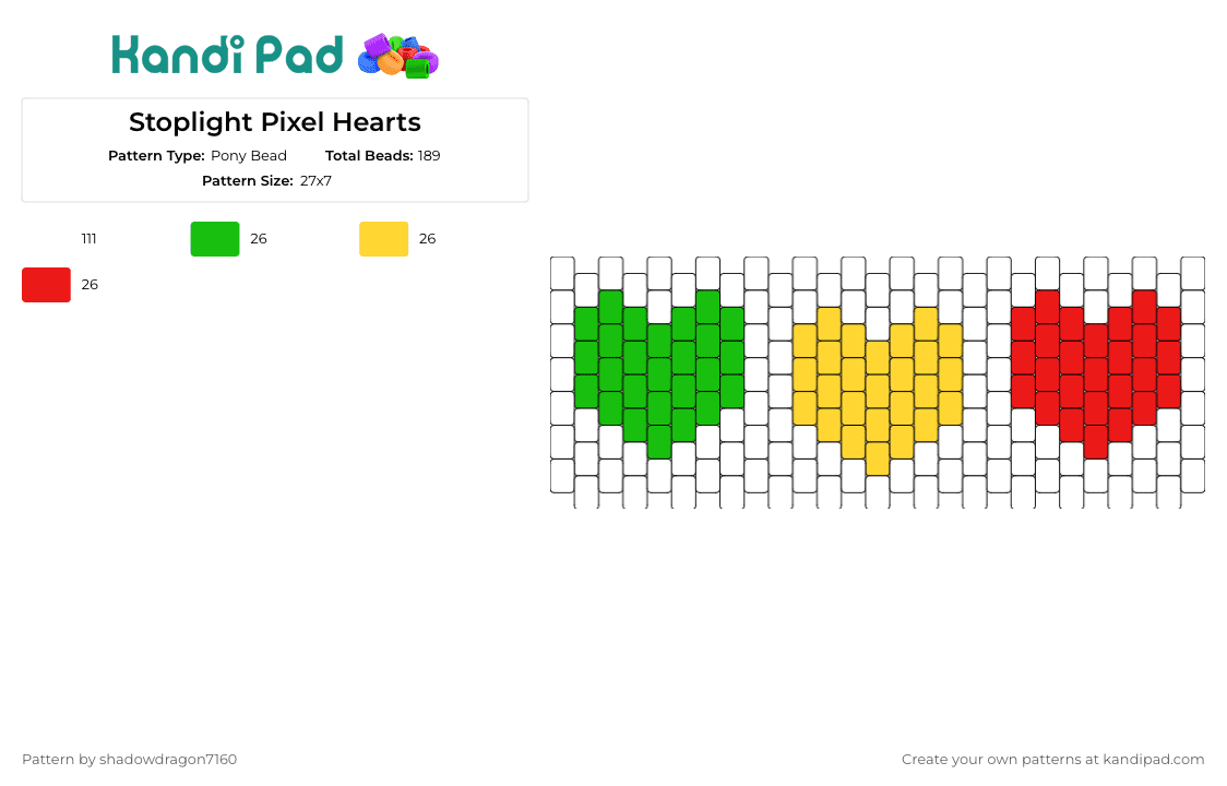 Stoplight Pixel Hearts - Pony Bead Pattern by shadowdragon7160 on Kandi Pad - hearts,signal,love,cuff,red,yellow,green,white