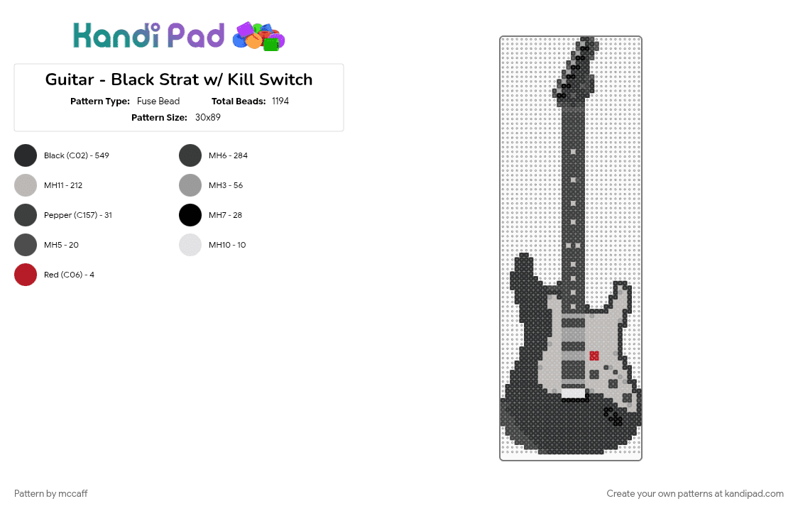 Guitar - Black Strat w/ Kill Switch - Fuse Bead Pattern by mccaff on Kandi Pad - beige, black, guitar, music