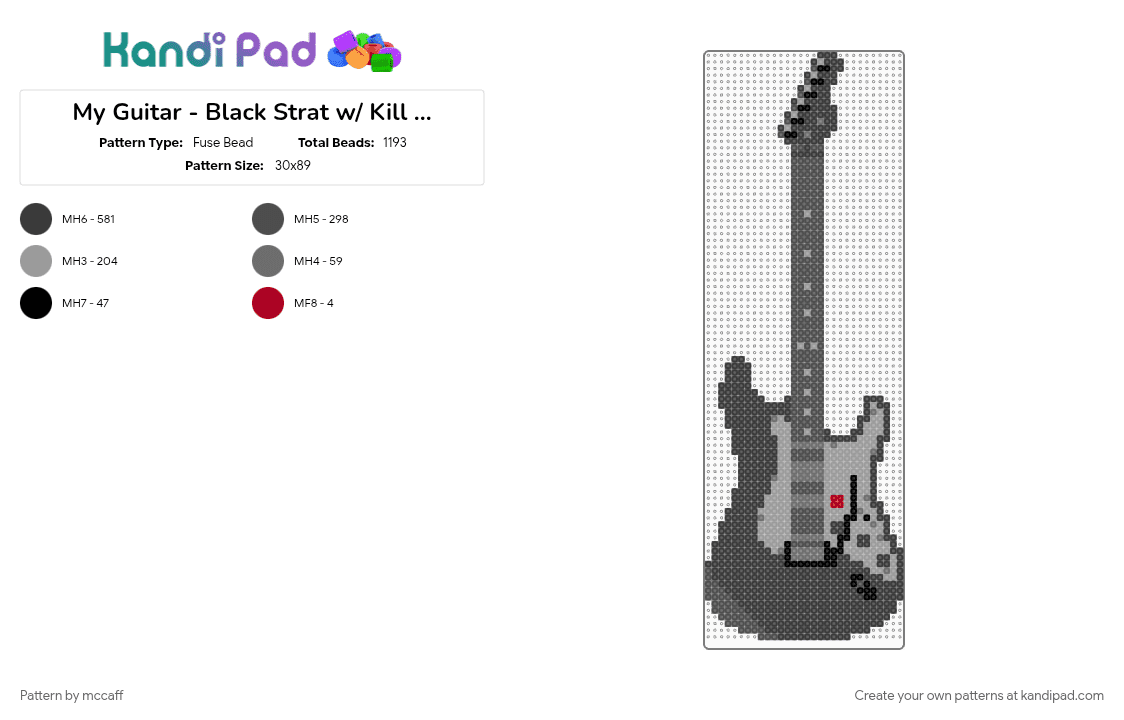 Electric Guitar - Black Strat w/ Kill Switch - Fuse Bead Pattern by mccaff on Kandi Pad - electric guitar, gray, guitar, music, strat, stratocaster