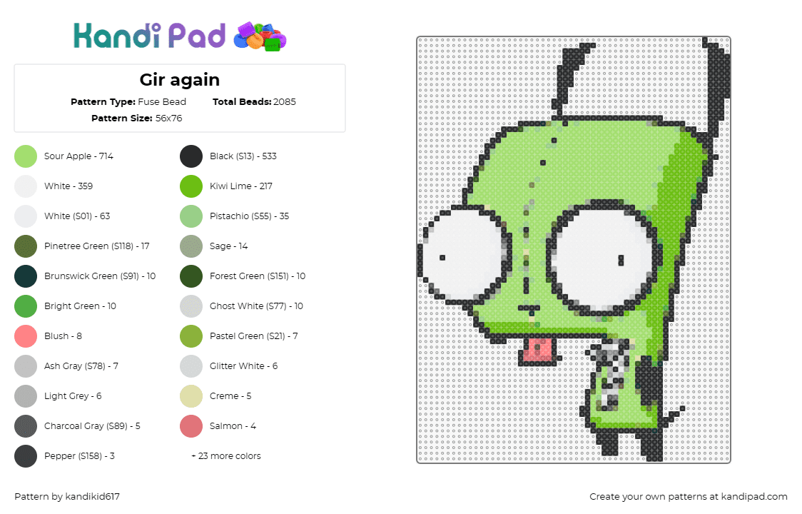 Gir again - Fuse Bead Pattern by kandikid617 on Kandi Pad - gir,invader zim,puppy,costume,character,alien,robot,tv show,cartoon,green