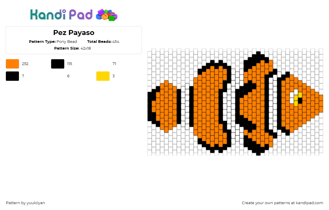 Pez Payaso - Pony Bead Pattern by yuukilyan on Kandi Pad - clown fish,nemo,animal,underwater,striped,orange,white