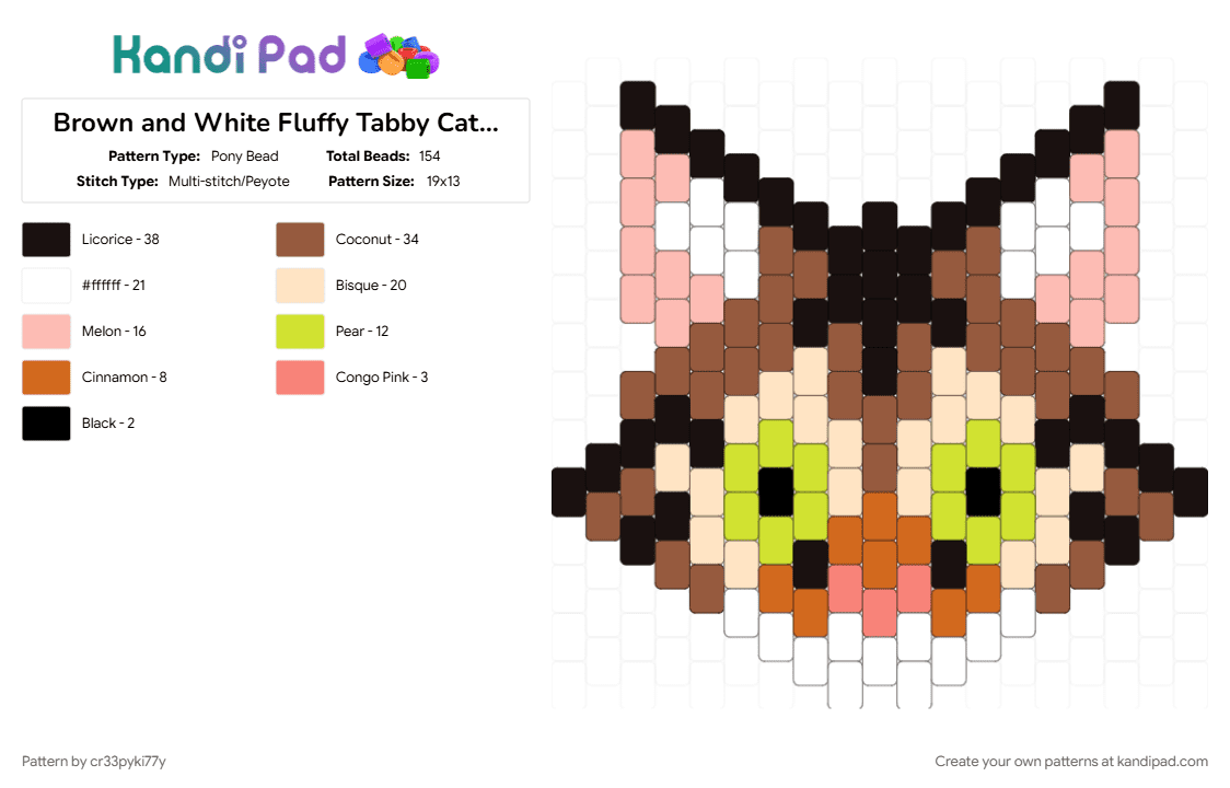 Brown and White Fluffy Tabby Cat Charm (Cambria Remix) - Pony Bead Pattern by cr33pyki77y on Kandi Pad - beige, cat, cat face, charm, cute, fluffy cat, tabby cat, tan