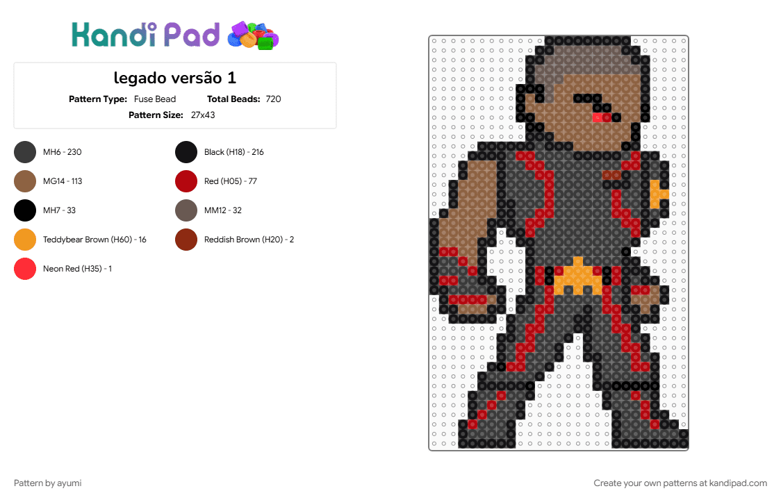 legado versão 1 - Fuse Bead Pattern by ayumi on Kandi Pad - anime, black, book, character, hero, nerd, otaku, red, superhero, tan