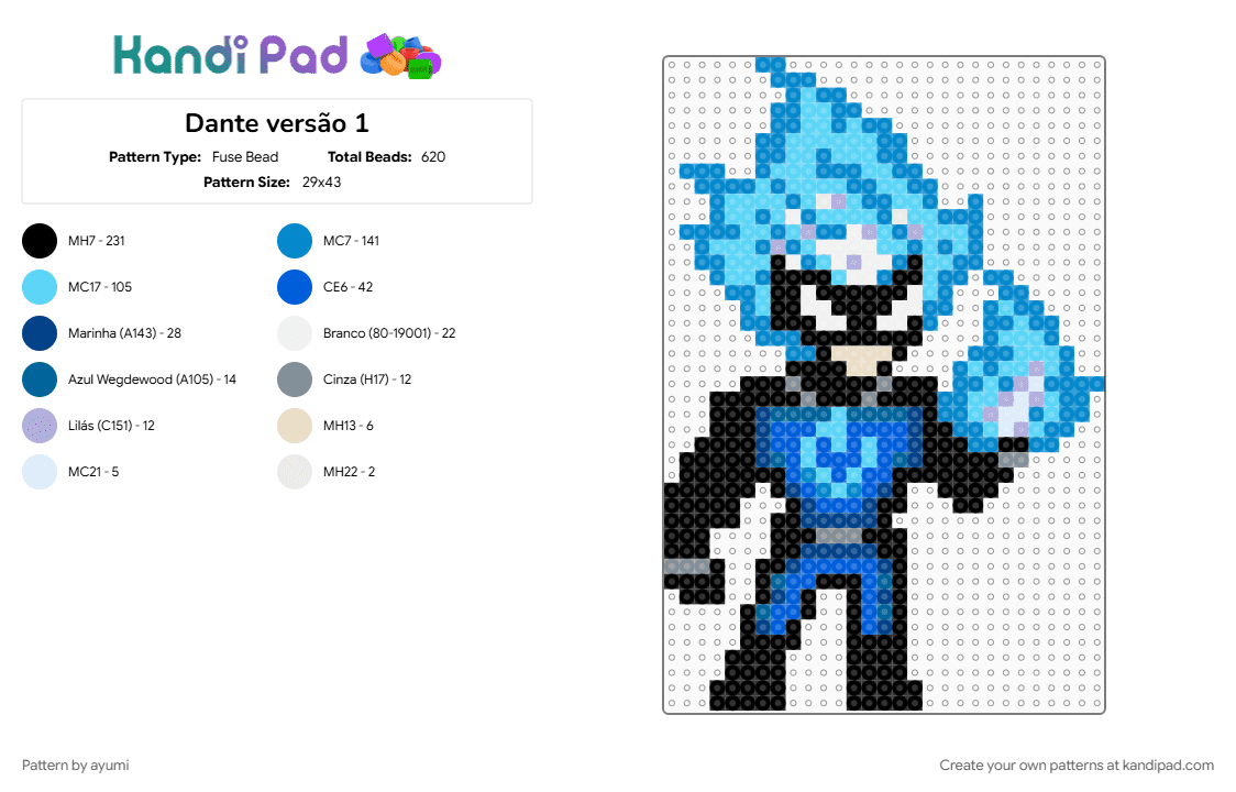Dante versão 1 - Fuse Bead Pattern by ayumi on Kandi Pad - blue, light blue