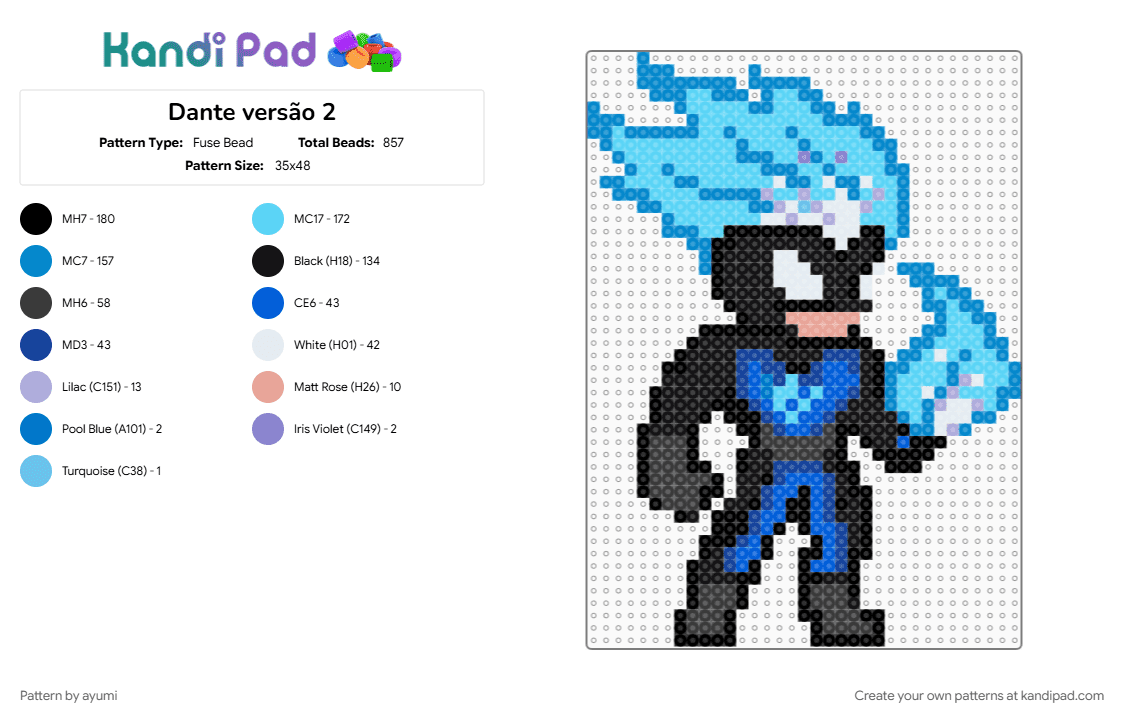 Dante versão 2 - Fuse Bead Pattern by ayumi on Kandi Pad - anime, book, character, dante, hero, light blue, nerd, otaku, superhero