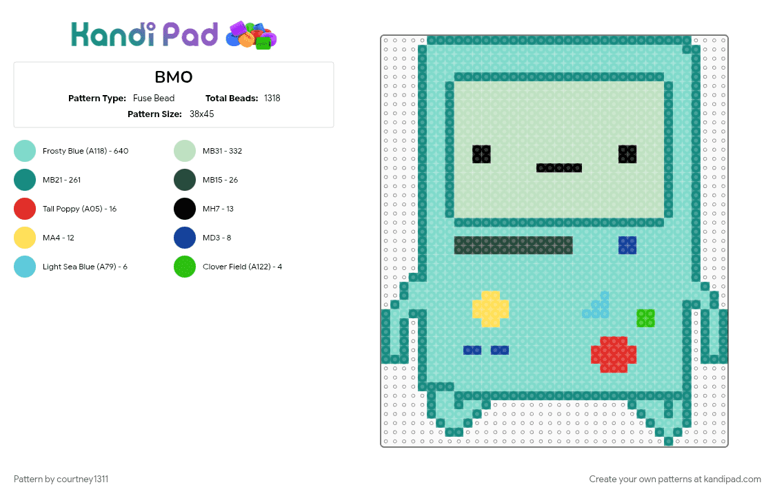 BMO - Fuse Bead Pattern by courtney1311 on Kandi Pad - cartoon, character, light blue, teal