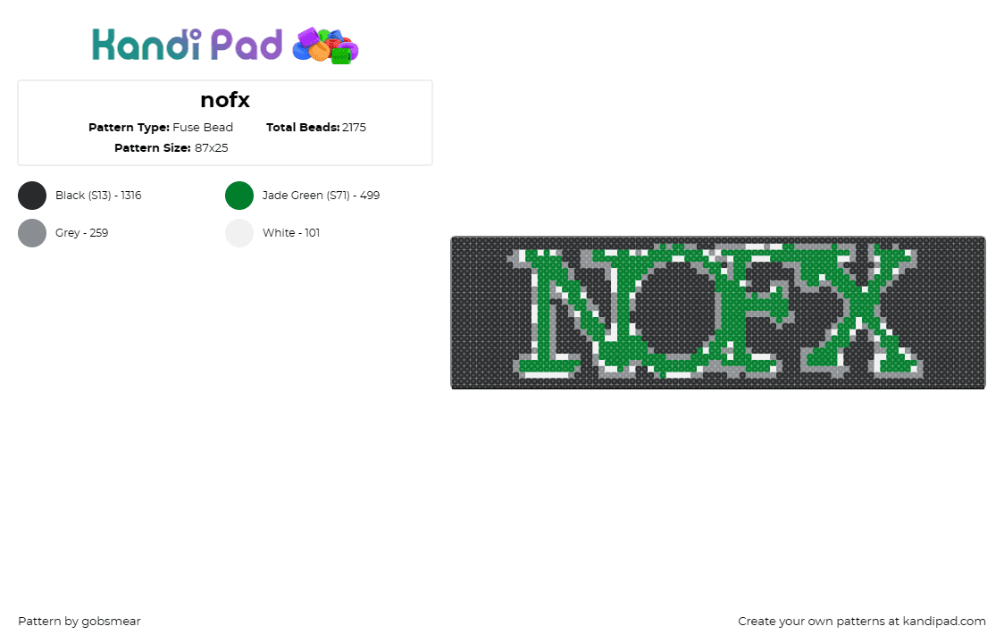 nofx - Fuse Bead Pattern by gobsmear on Kandi Pad - nofx,punk,logo,text,music,band,green,black