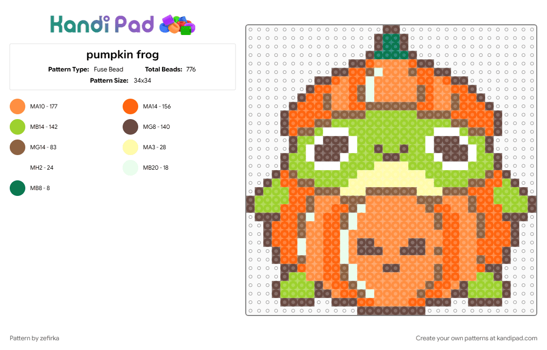 pumpkin frog - Fuse Bead Pattern by zefirka on Kandi Pad - animal, animals, brown, cute, frog, green, orange