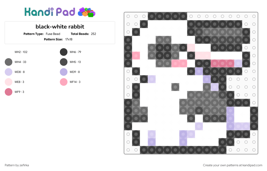 black-white rabbit - Fuse Bead Pattern by zefirka on Kandi Pad - gray, pink, white