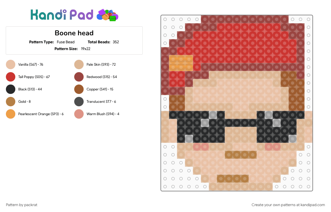 Boone head - Fuse Bead Pattern by packrat on Kandi Pad - beige, character, fallout, fallout new vegas, head, red, video game