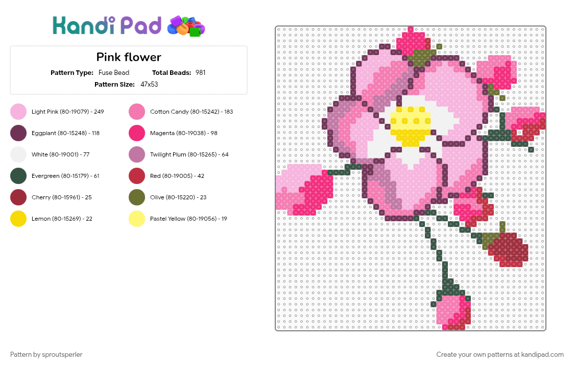 Pink flower - Fuse Bead Pattern by sproutsperler on Kandi Pad - pink