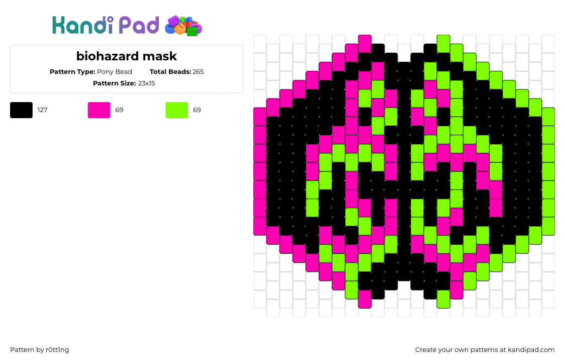 biohazard mask - Pony Bead Pattern by r0tt1ng on Kandi Pad - biohazard,toxic,poison,caution,mask,neon,black,pink,green