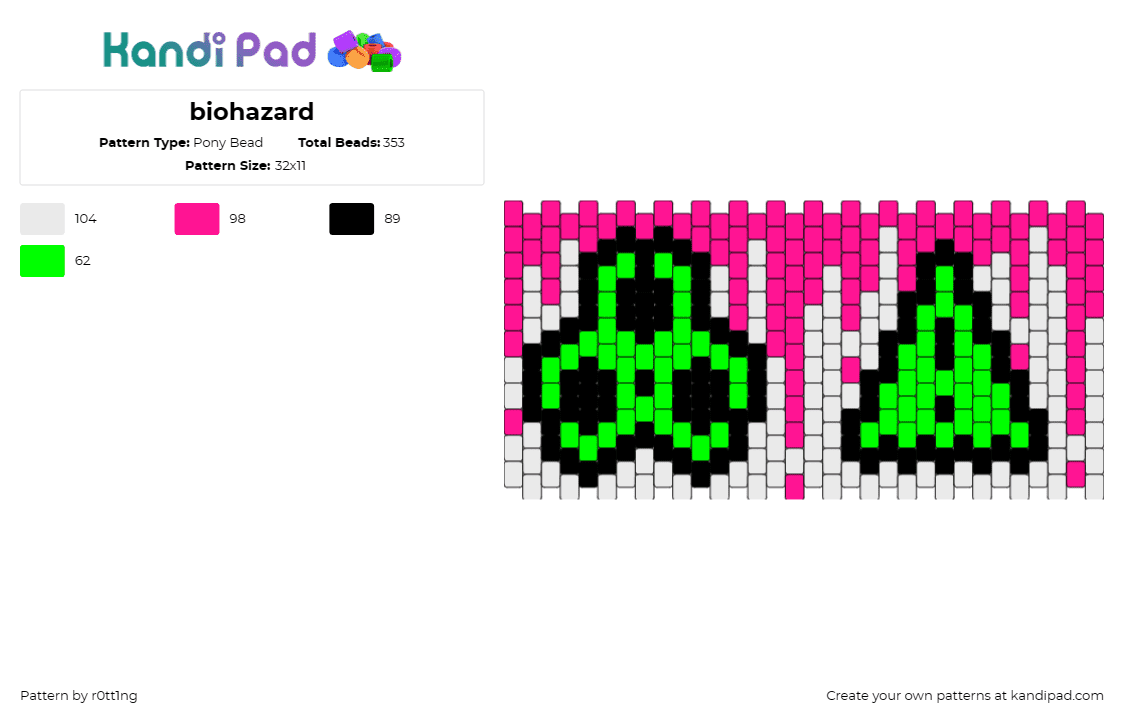 biohazard - Pony Bead Pattern by r0tt1ng on Kandi Pad - biohazard,caution,drippy,toxic,symbols,cuff,poison,green,pink