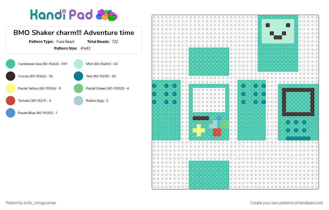 BMO Shaker charm!!! Adventure time - Fuse Bead Pattern by lut3s_cringycorner on Kandi Pad - adventure time, character, charm, teal