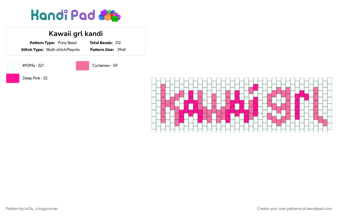 Kawaii grl kandi - Pony Bead Pattern by lut3s_cringycorner on Kandi Pad - cute, kawaii, kawaii core, pink, white