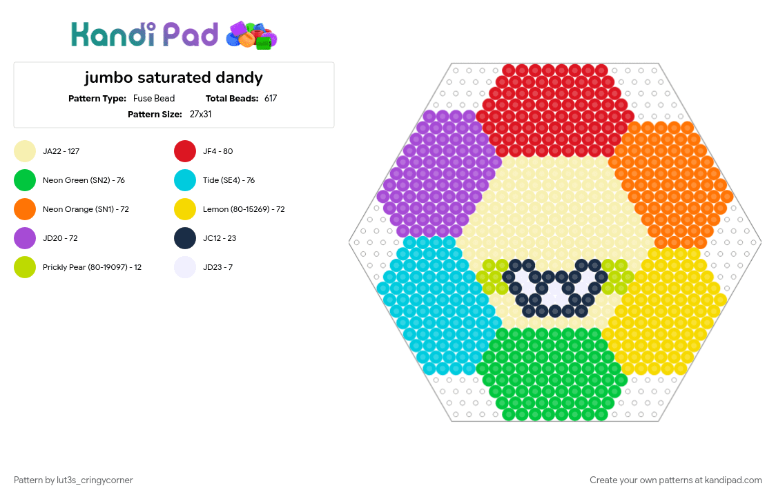 jumbo saturated dandy - Fuse Bead Pattern by lut3s_cringycorner on Kandi Pad - charecter, cotdsaturation, dandy, dandys world, game, i so did cook, jumbo, purple, yellow