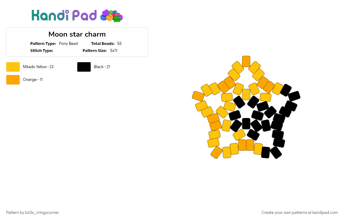 Moon star charm - Pony Bead Pattern by lut3s_cringycorner on Kandi Pad - charm, cute, kandi, moon, orange, star, sun, yellow