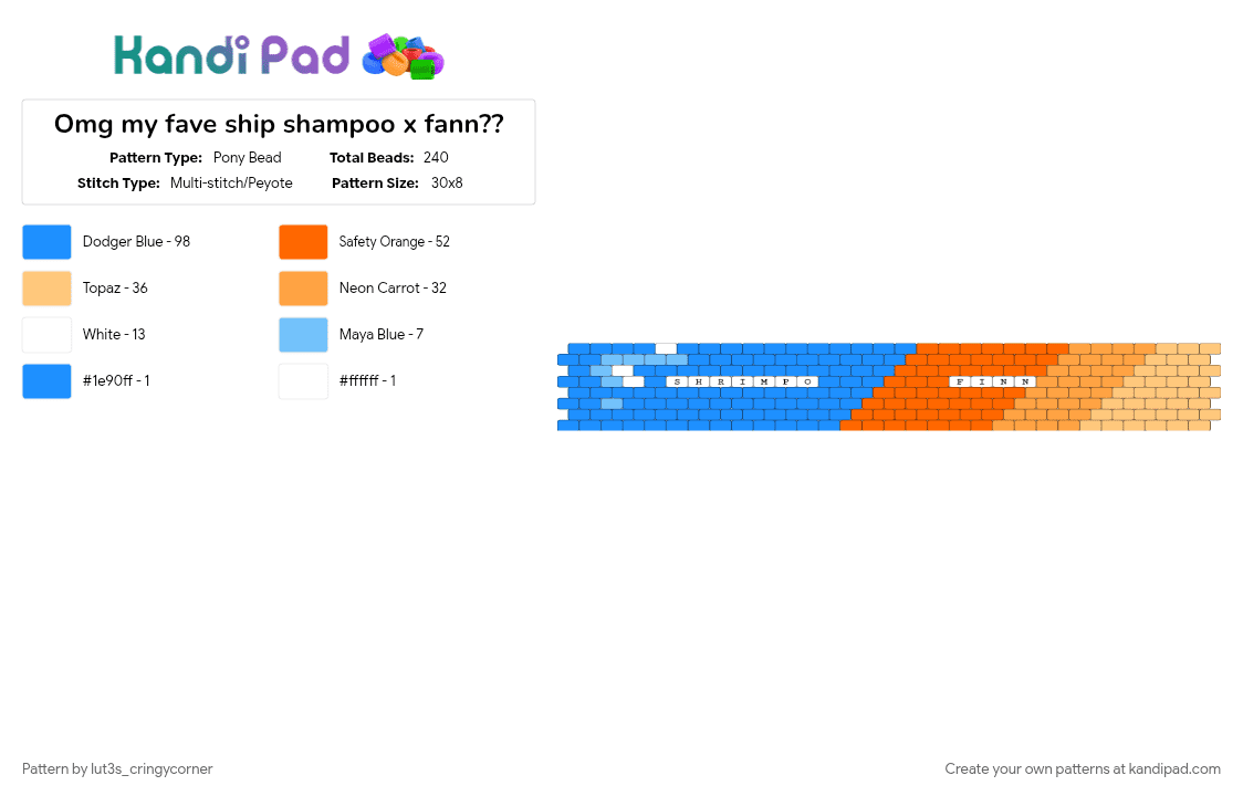 Omg my fave ship shampoo x fann?? - Pony Bead Pattern by lut3s_cringycorner on Kandi Pad - bracelet, character, cute, dandys world, dandys world roblox, light blue, orange, shrimpo x finn, stripes